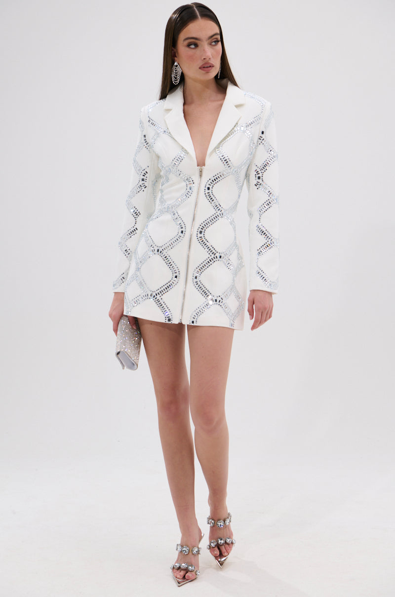 LOOK AT ME RHINESTONE BLAZER DRESS IN WHITE
