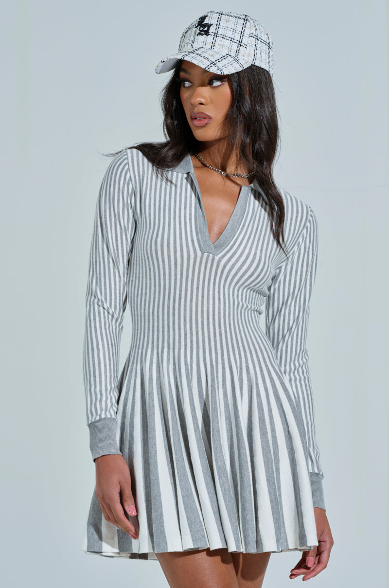 ALINA PLEATED KNIT FIT AND FLARE MINI DRESS WITH LONG SLEEVES IN GREY MULTI