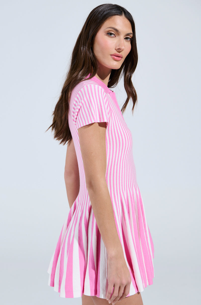 ALINA PLEATED KNIT FIT AND FLARE MINI DRESS IN PINK MULTI