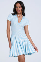 ALINA PLEATED KNIT FIT AND FLARE MINI DRESS IN BLUE