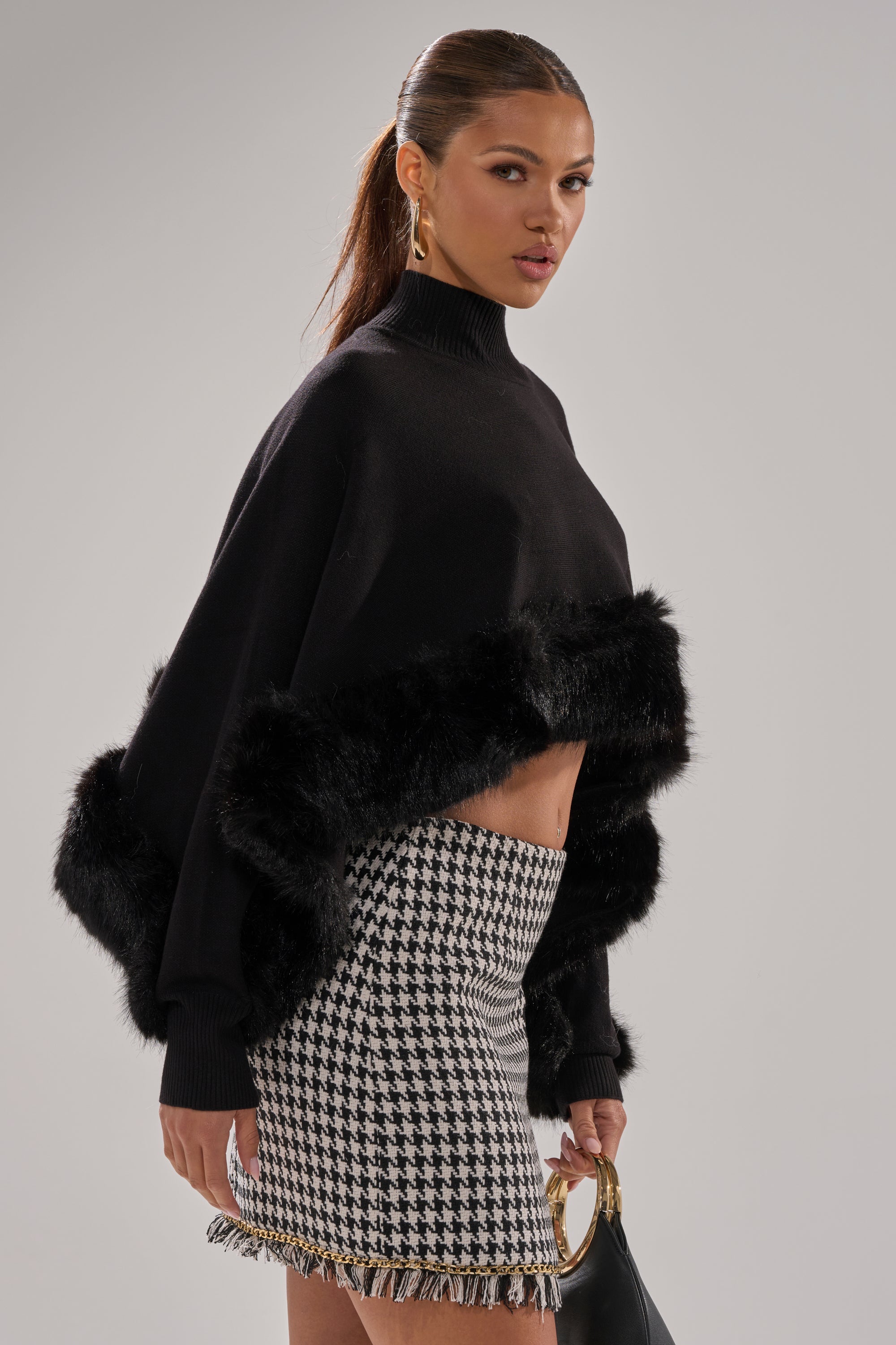 QUIET LUX FUR TRIM SWEATER IN BLACK