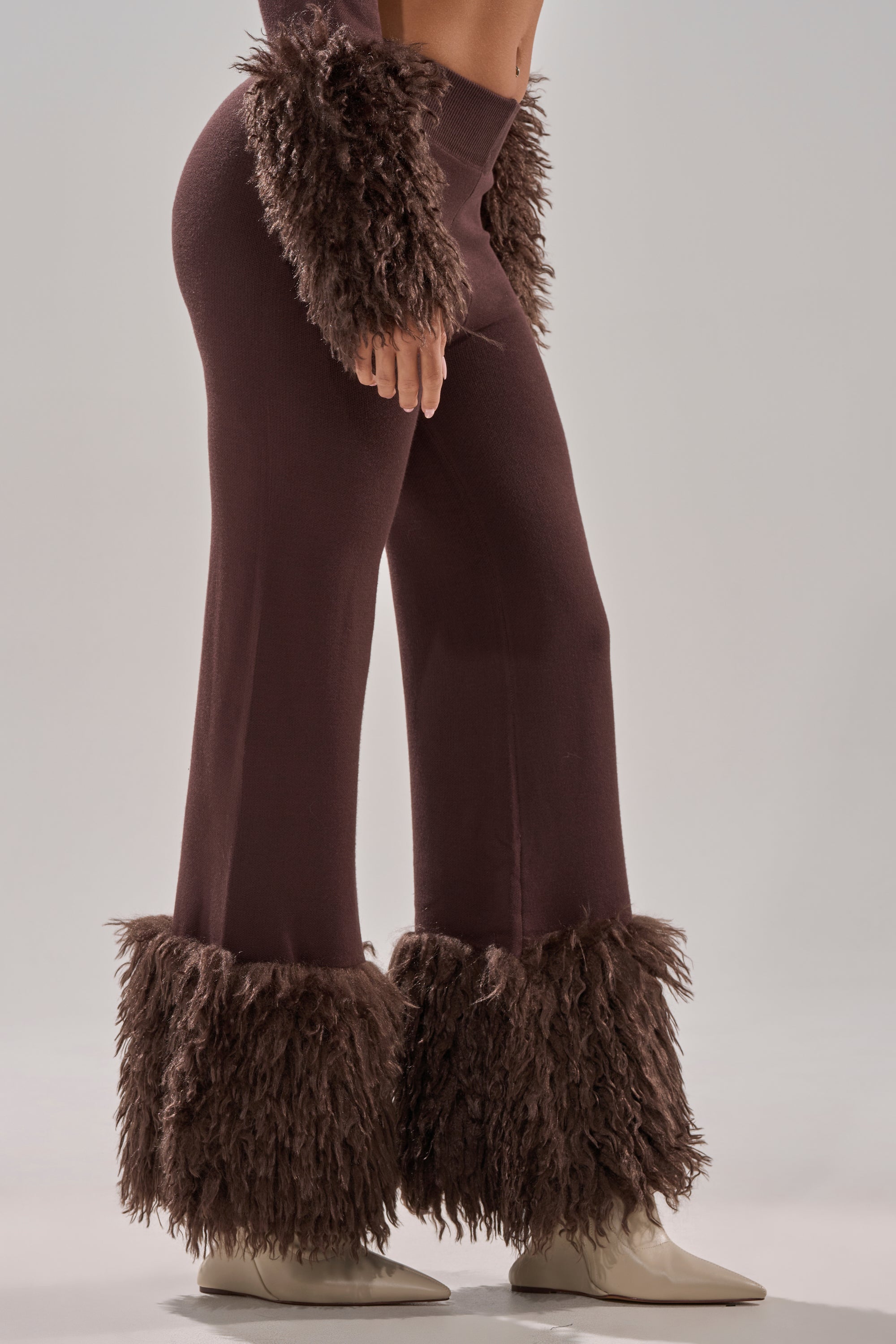 COZY VIBES SWEATER PANT WITH FUR CUFF IN BROWN
