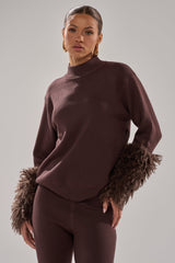 COZY VIBES SWEATER WITH FUR CUFF IN BROWN