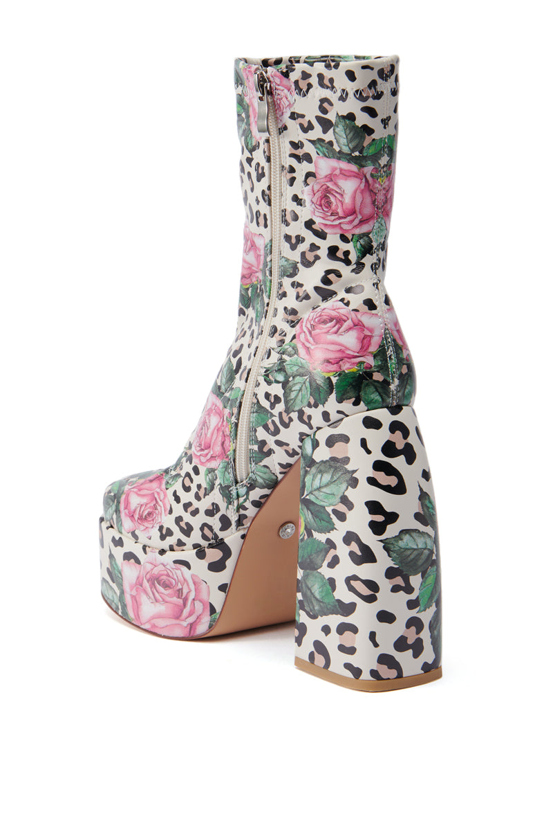 AZALEA WANG HADLEIGH LEOPARD AND FLORAL PLATFORM BOOTIE