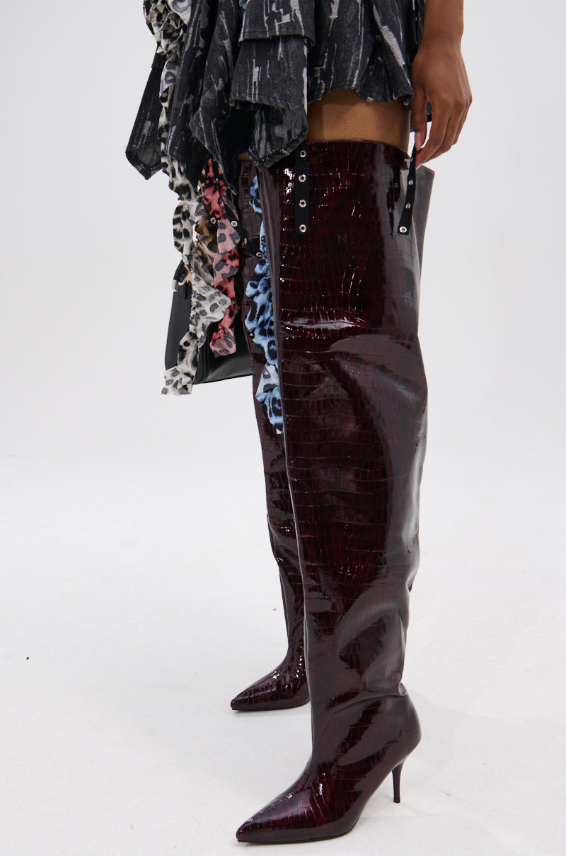 AZALEA WANG HALINA BURGUNDY CROC STILETTO BOOT