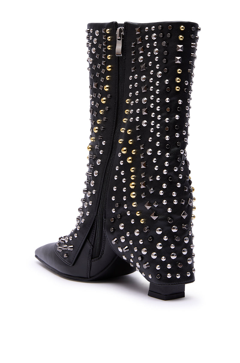 AZALEA WANG HENZI BLACK HARDWARE EMBELLISHED CHUNKY FOLD OVER BOOTIE