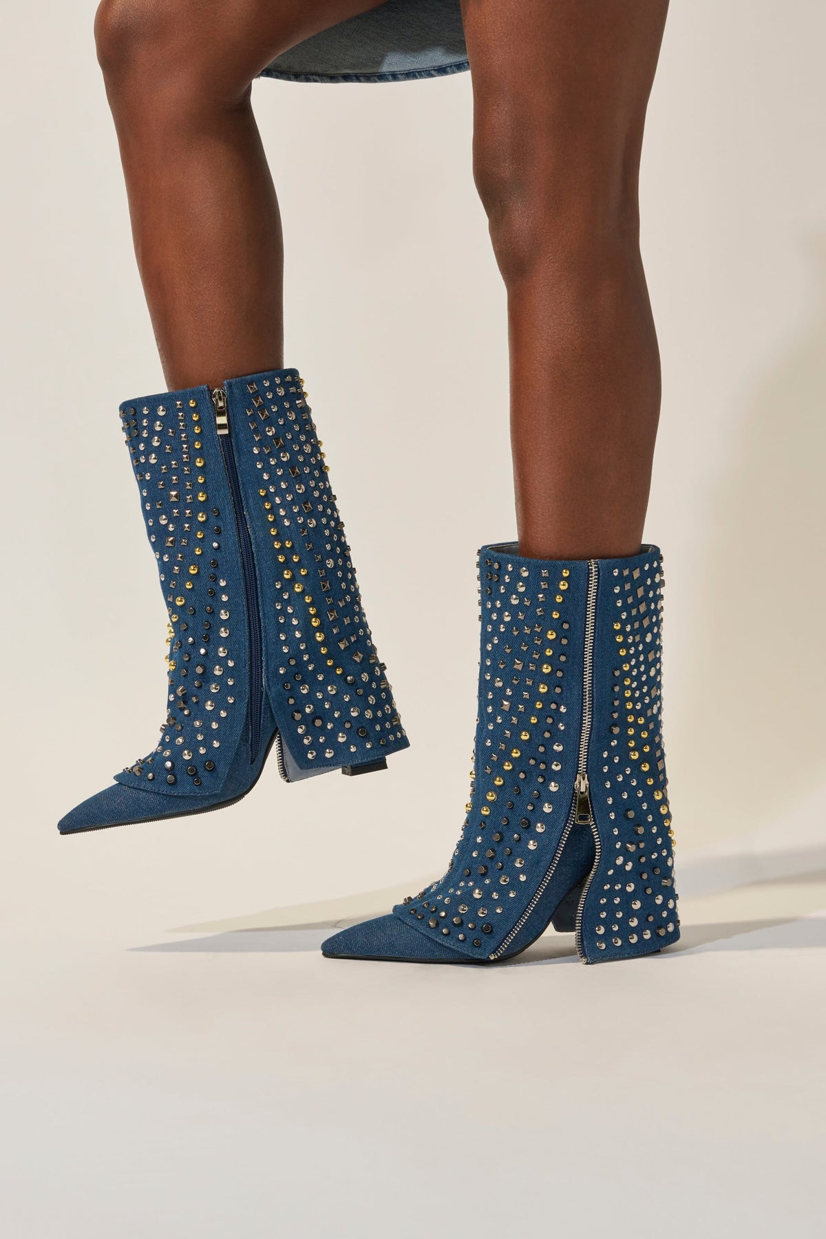 AZALEA WANG HENZI DENIM STUDDED CHUNKY BOOTIE