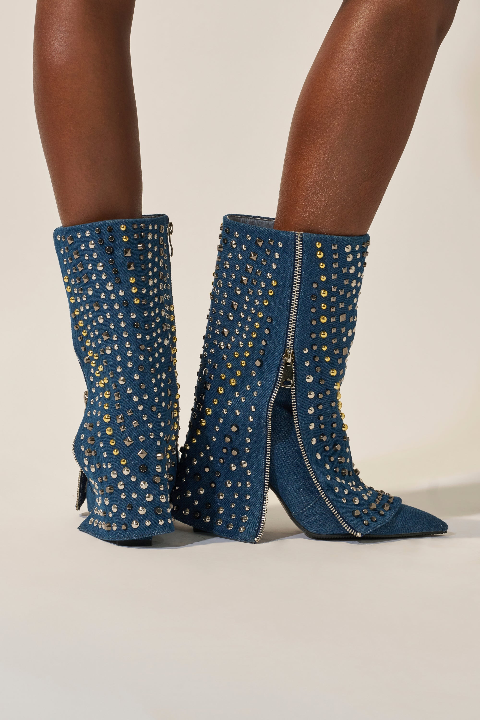 AZALEA WANG HENZI DENIM STUDDED CHUNKY BOOTIE