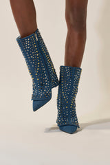 AZALEA WANG HENZI DENIM STUDDED CHUNKY BOOTIE