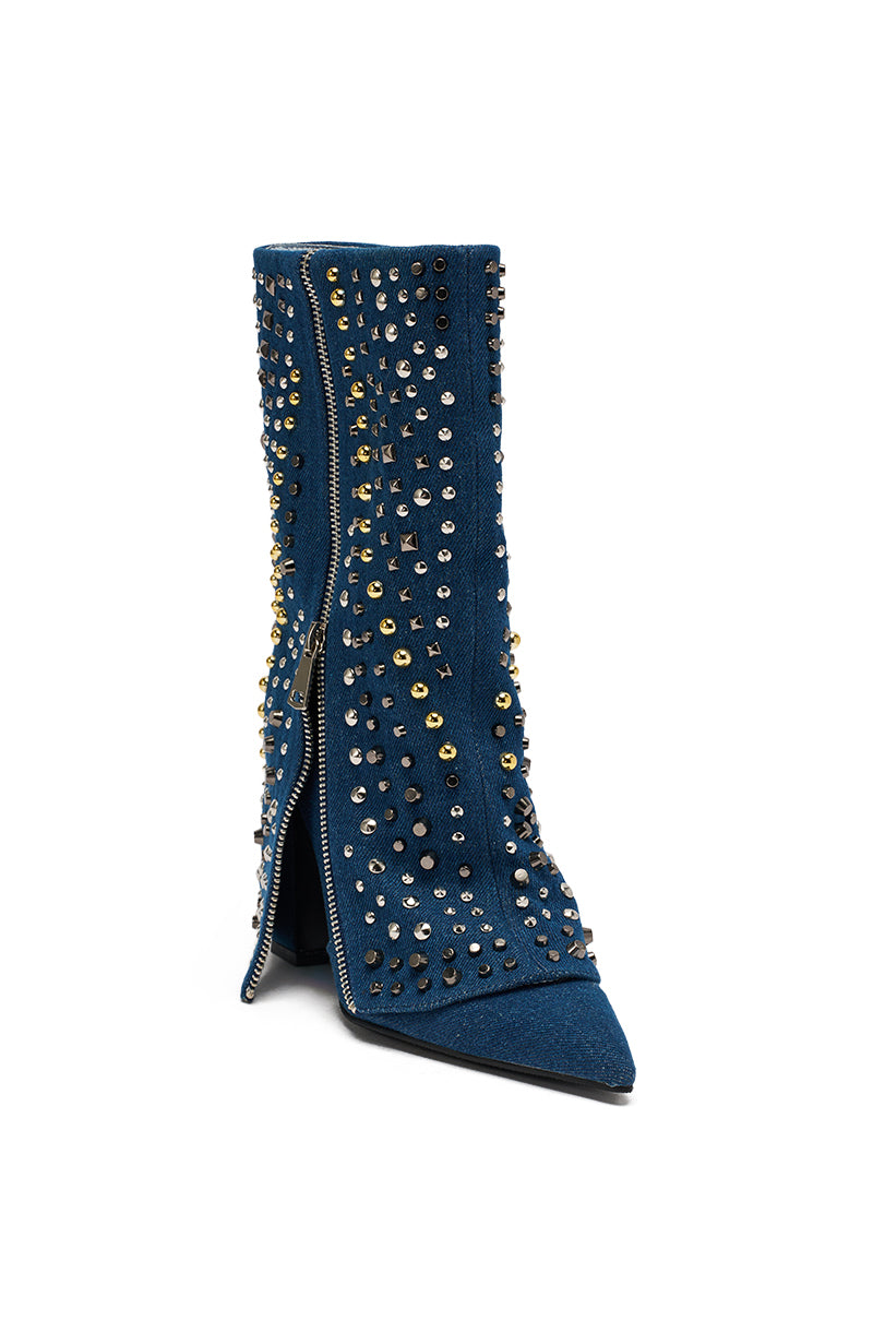 AZALEA WANG HENZI DENIM STUDDED CHUNKY BOOTIE