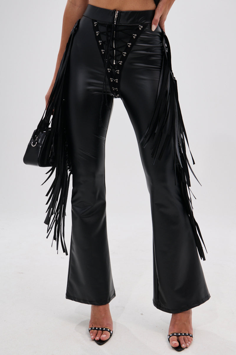 SHOW TIME FAUX LEATHER FLARE PANT WITH LACE UP