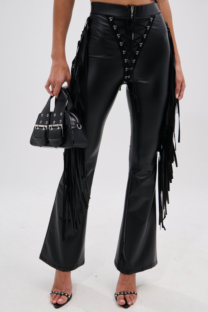 SHOW TIME FAUX LEATHER FLARE PANT WITH LACE UP