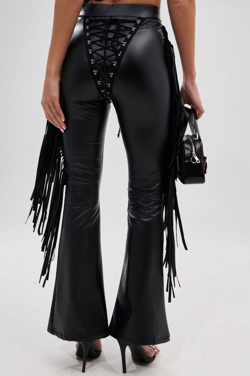 SHOW TIME FAUX LEATHER FLARE PANT WITH LACE UP