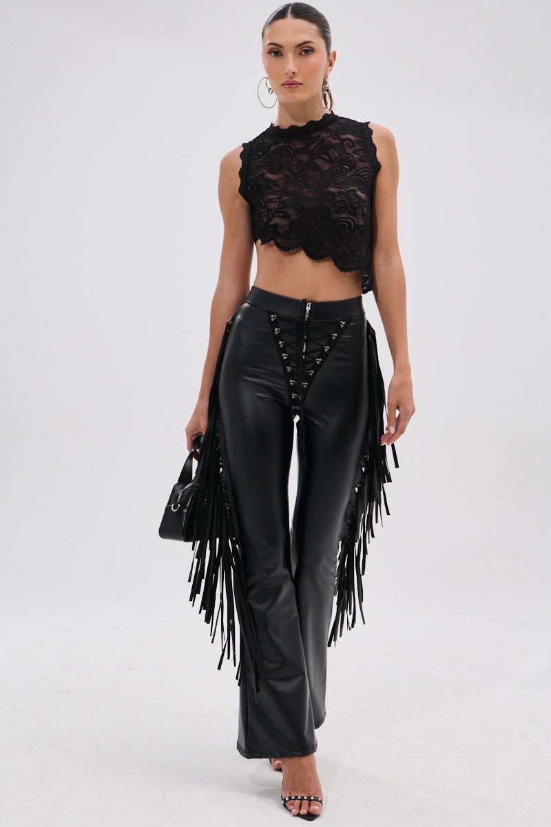 SHOW TIME FAUX LEATHER FLARE PANT WITH LACE UP