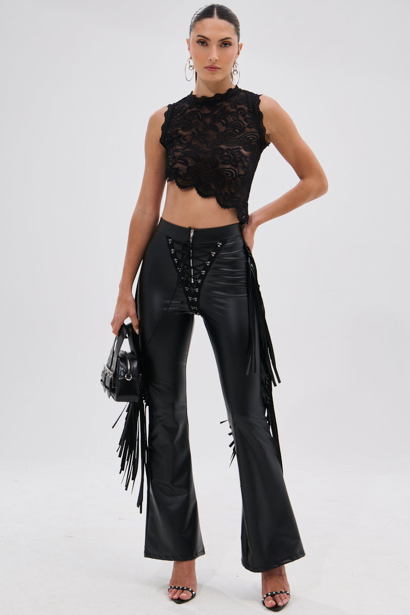SHOW TIME FAUX LEATHER FLARE PANT WITH LACE UP