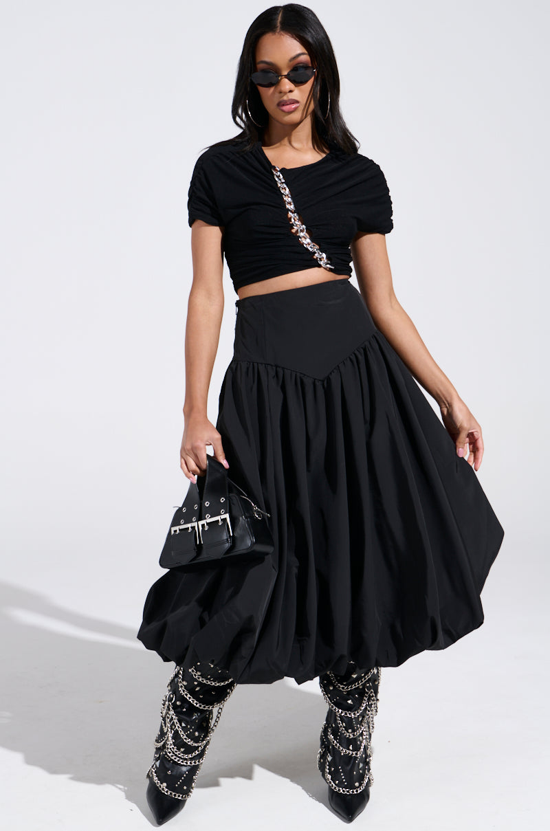 I FOUND YOU DROP WAIST MIDI SKIRT IN BLACK