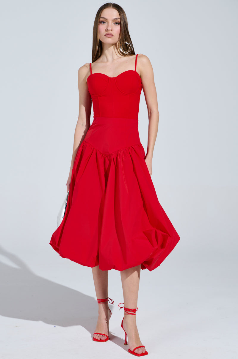 I FOUND YOU DROP WAIST MIDI SKIRT IN RED