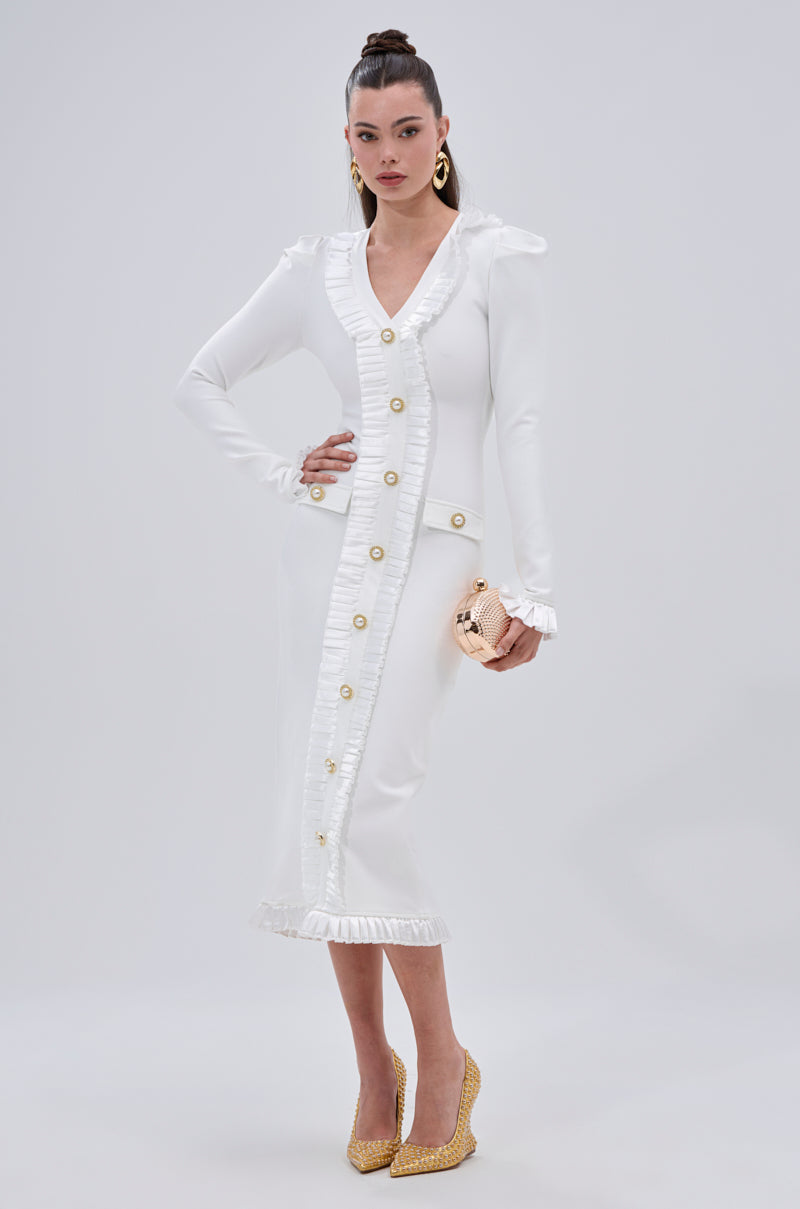 SAKURA BANDAGE RUFFLE MIDI DRESS IN WHITE