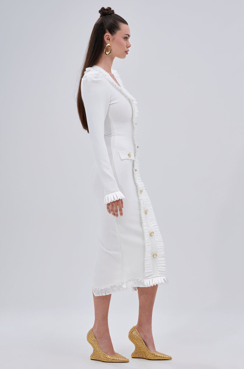 SAKURA BANDAGE RUFFLE MIDI DRESS IN WHITE