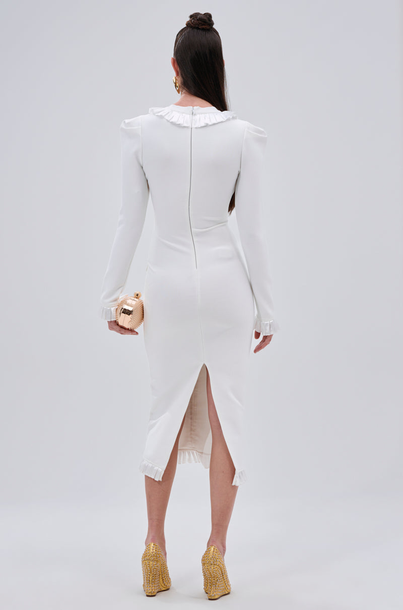 SAKURA BANDAGE RUFFLE MIDI DRESS IN WHITE