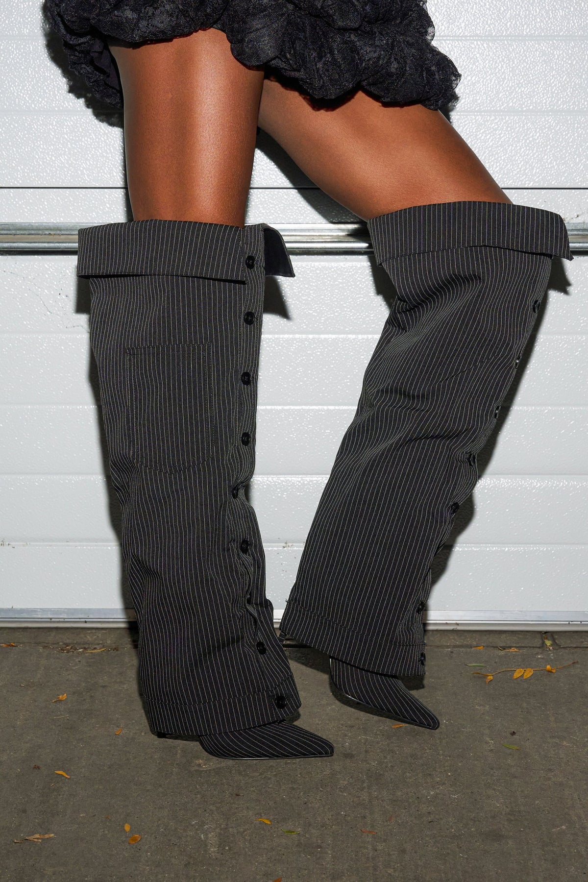 AZALEA WANG IMRI BLACK SHIRTING STRIPED STILETTO BOOT