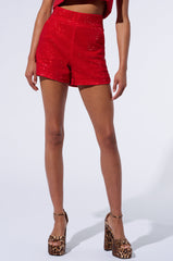 POP STAR HOT FIX HIGH WAIST RHINESTONE SHORT IN RED