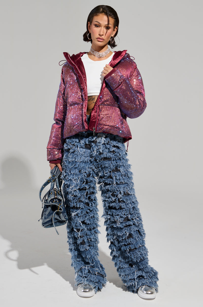 FAYE RHINESTONE PUFFER IN BURGUNDY