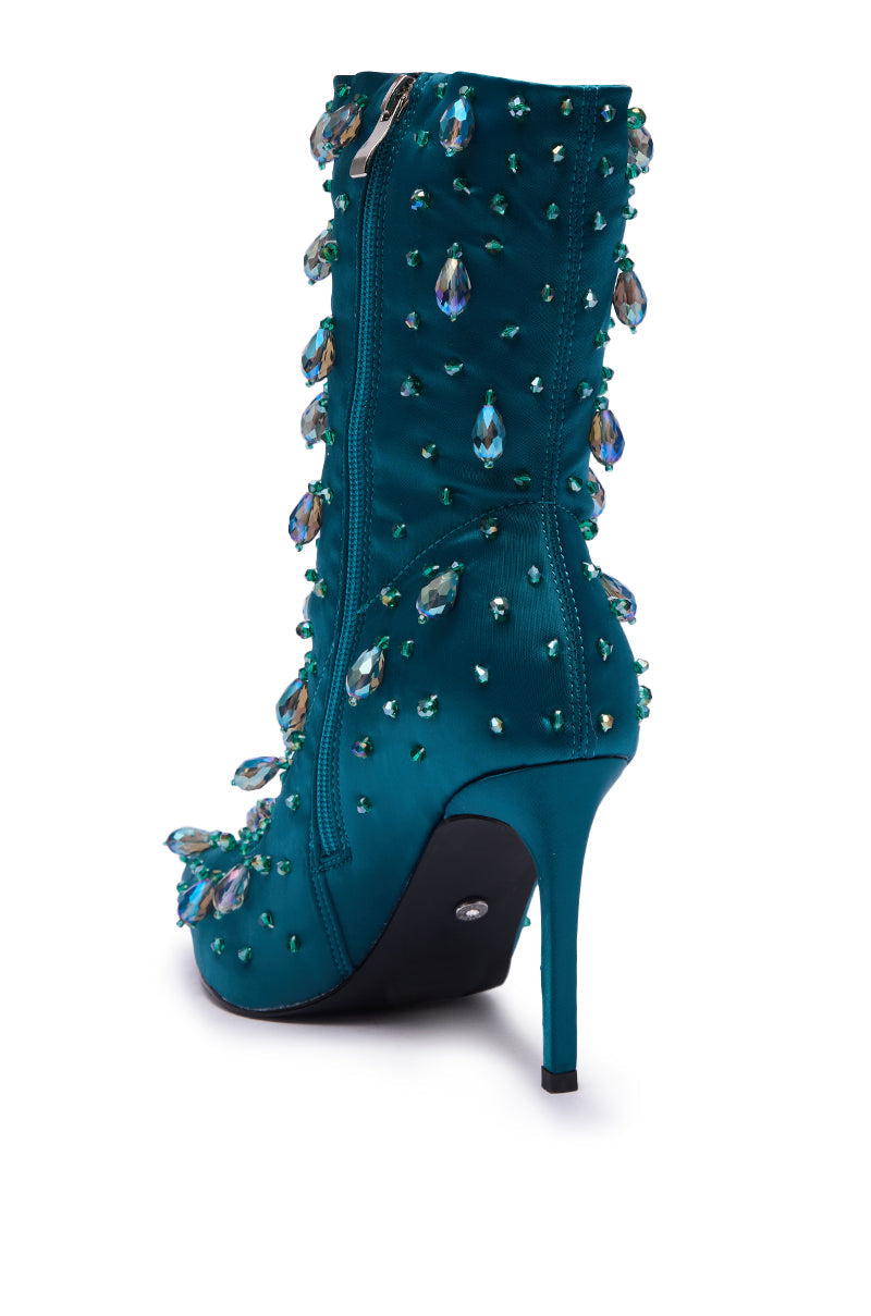 AZALEA WANG IZIDOR TEAL EMBELLISHED RHINESTONE BOOTIE