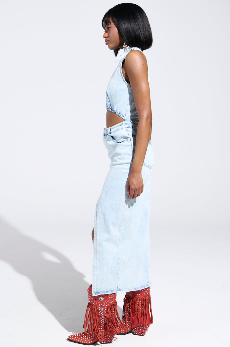PEEKABOO DENIM MIDI DRESS
