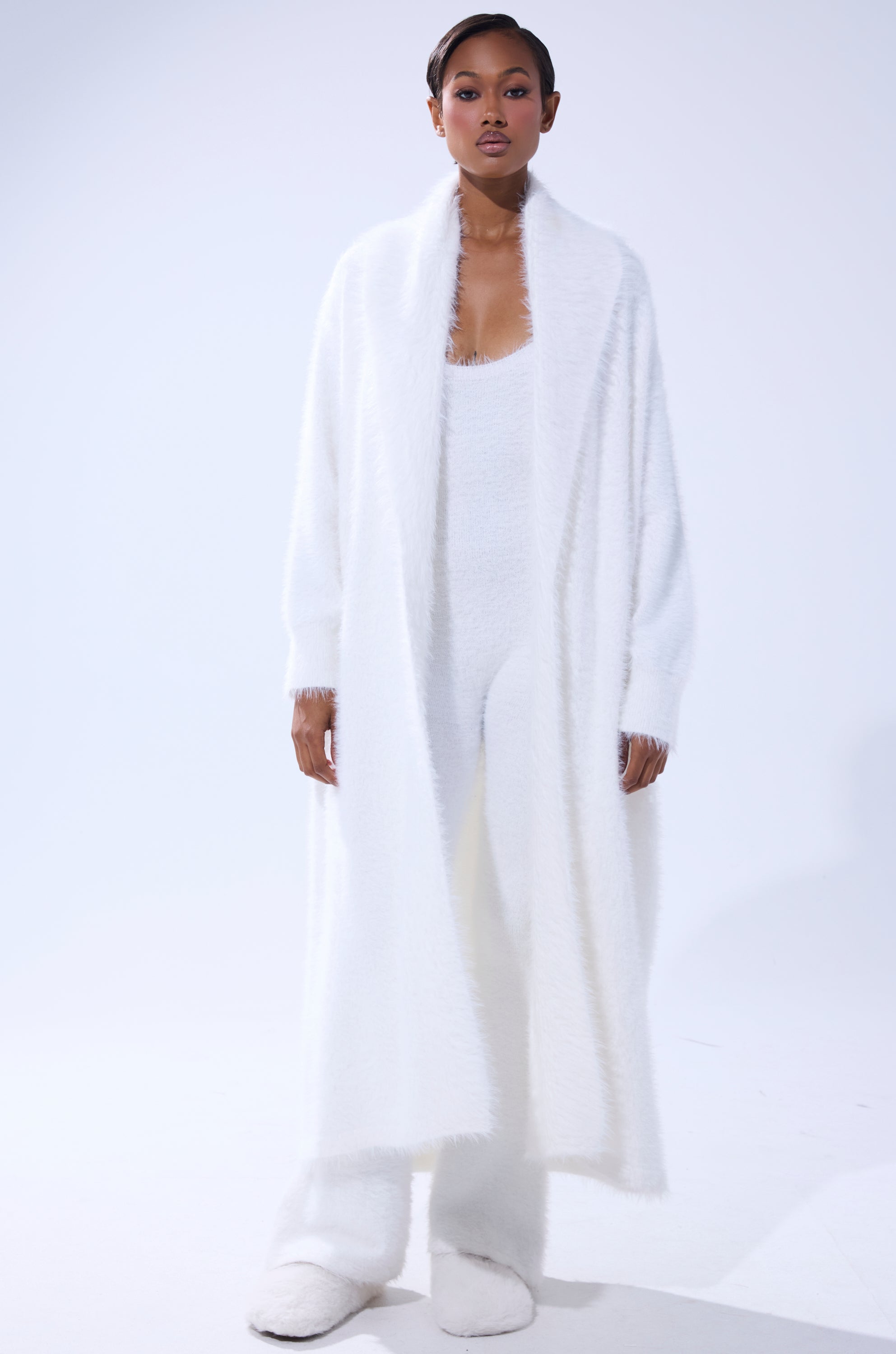 FUZZY KNIT SHAWL NECK CARDIGAN