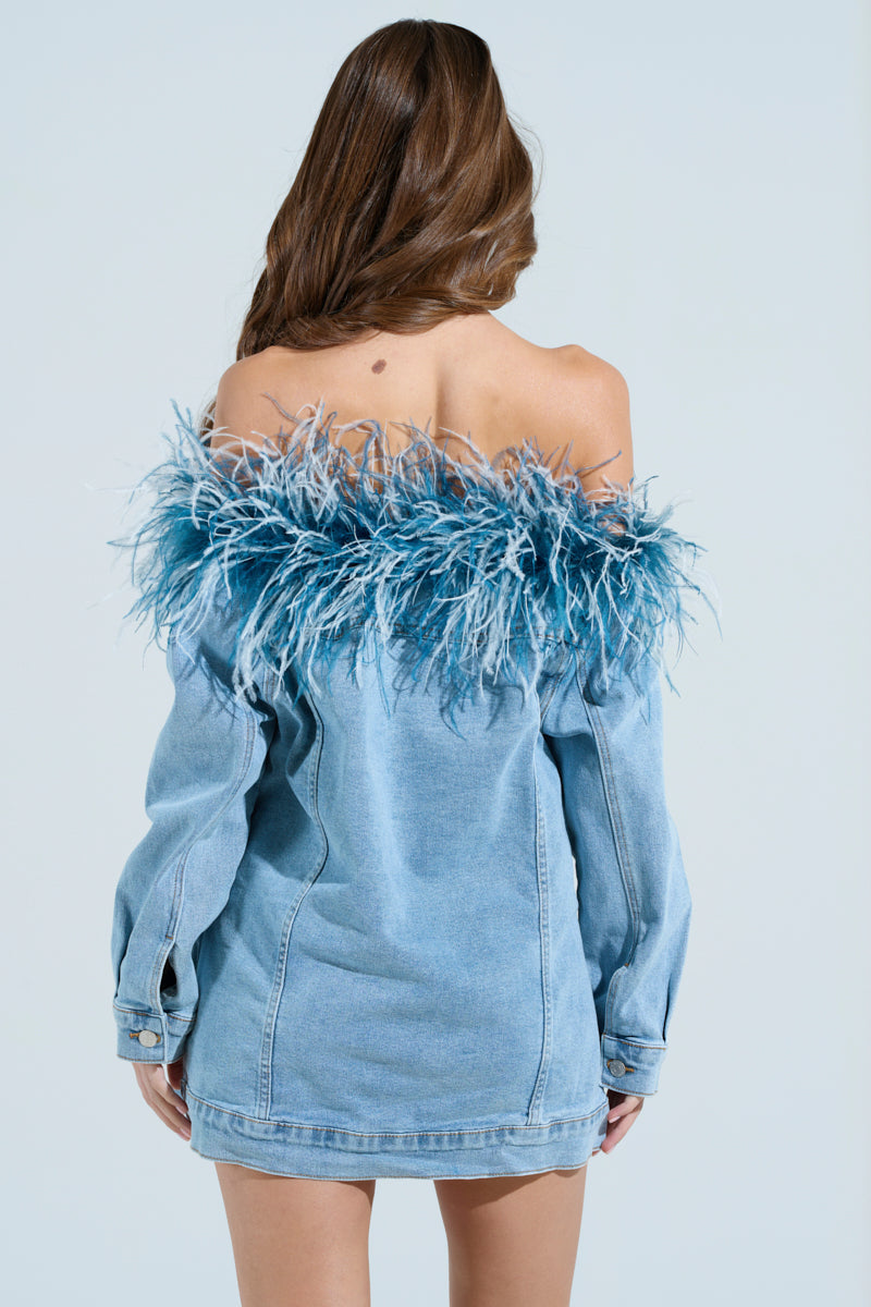 CHIC AF DENIM MINI DRESS WITH FEATHERS