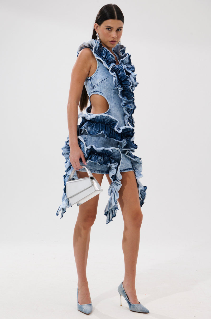 SAY IT AGAIN RUFFLED DENIM MINI DRESS