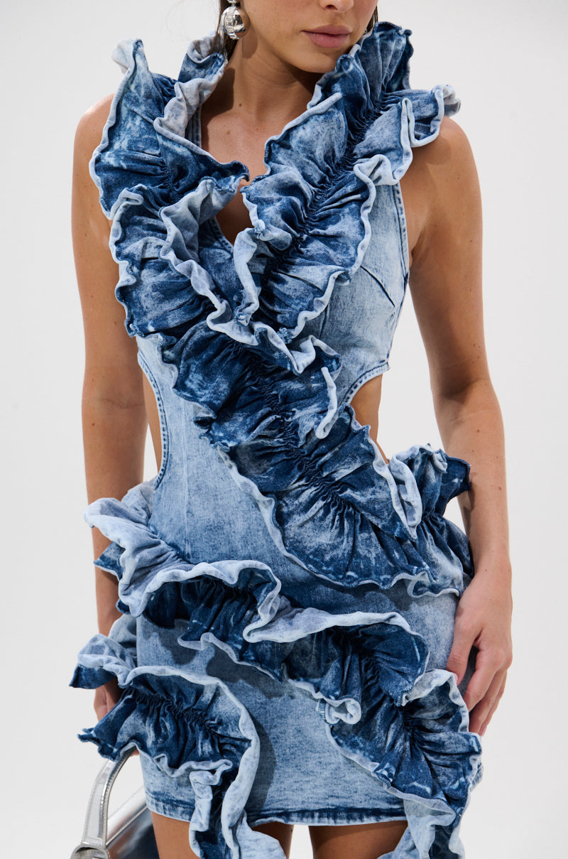 SAY IT AGAIN RUFFLED DENIM MINI DRESS