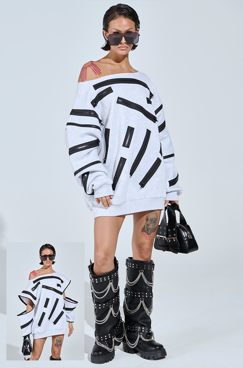 ZIP ZAP OFF THE SHOULDER SWEATSHIRT DRESS-GREY MULTI