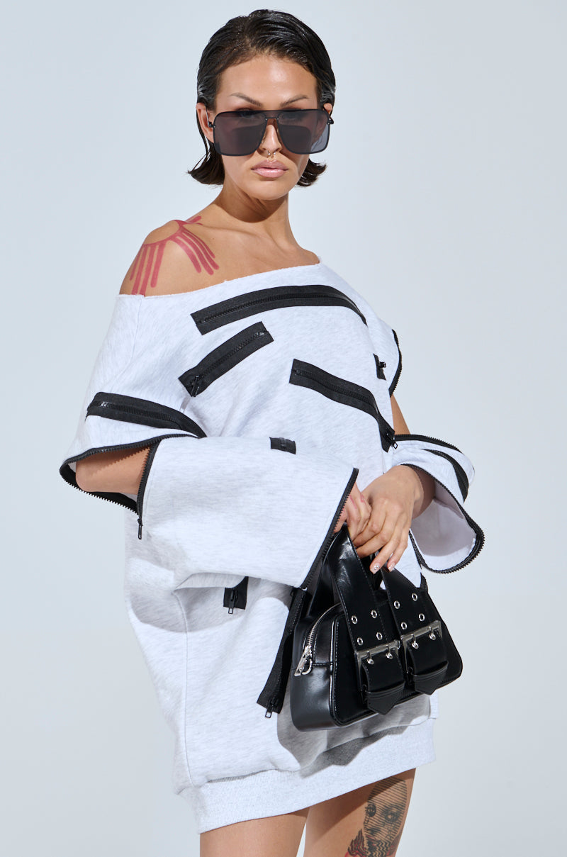 ZIP ZAP OFF THE SHOULDER SWEATSHIRT DRESS-GREY MULTI