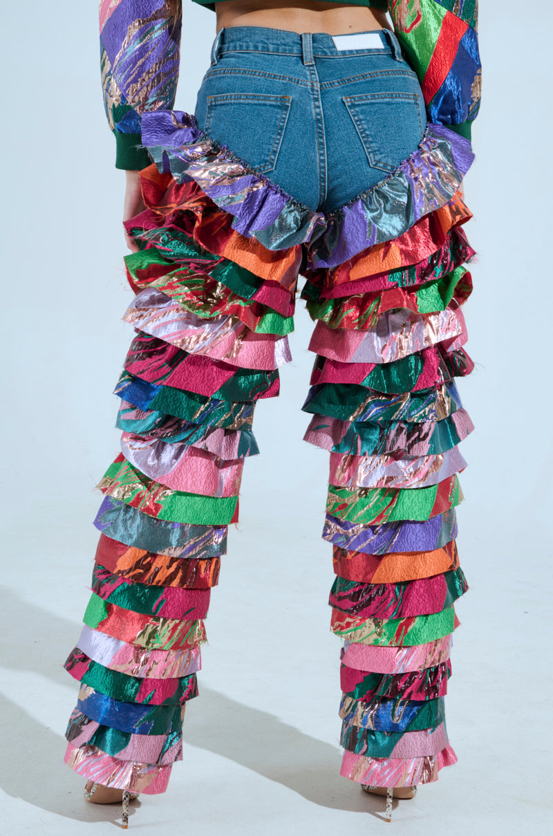 LIFE IS BUT A DREAM BROCADE RUFFLE DENIM