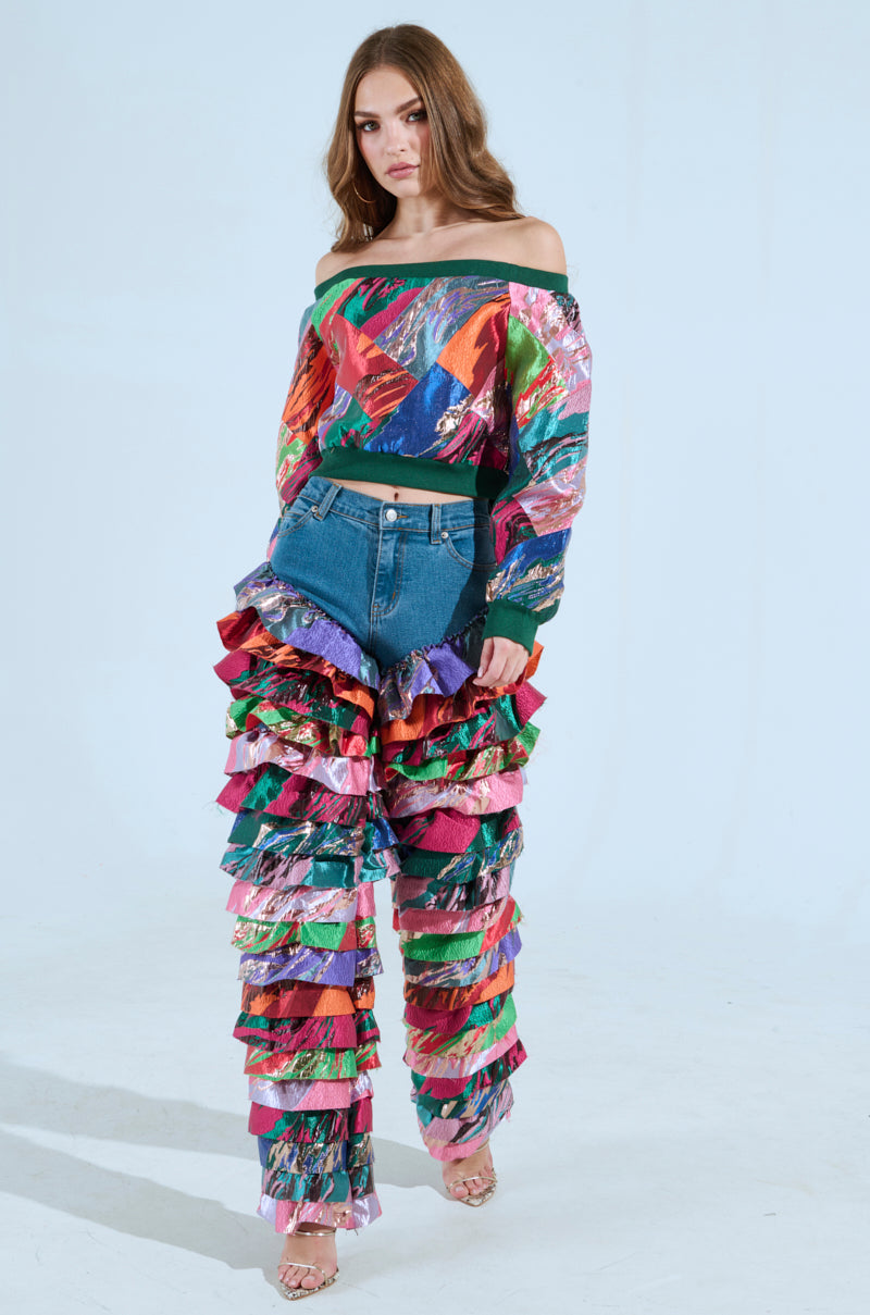 LIFE IS BUT A DREAM BROCADE RUFFLE DENIM