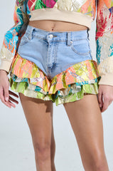 LIFE IS BUT A DREAM BROCADE RUFFLE DENIM SHORTS