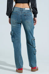 ALL OVER POCKET DETAIL RELAXED FIT JEANS IN MEDIUM BLUE DENIM