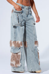 FUR DENIM CARGO PANTS