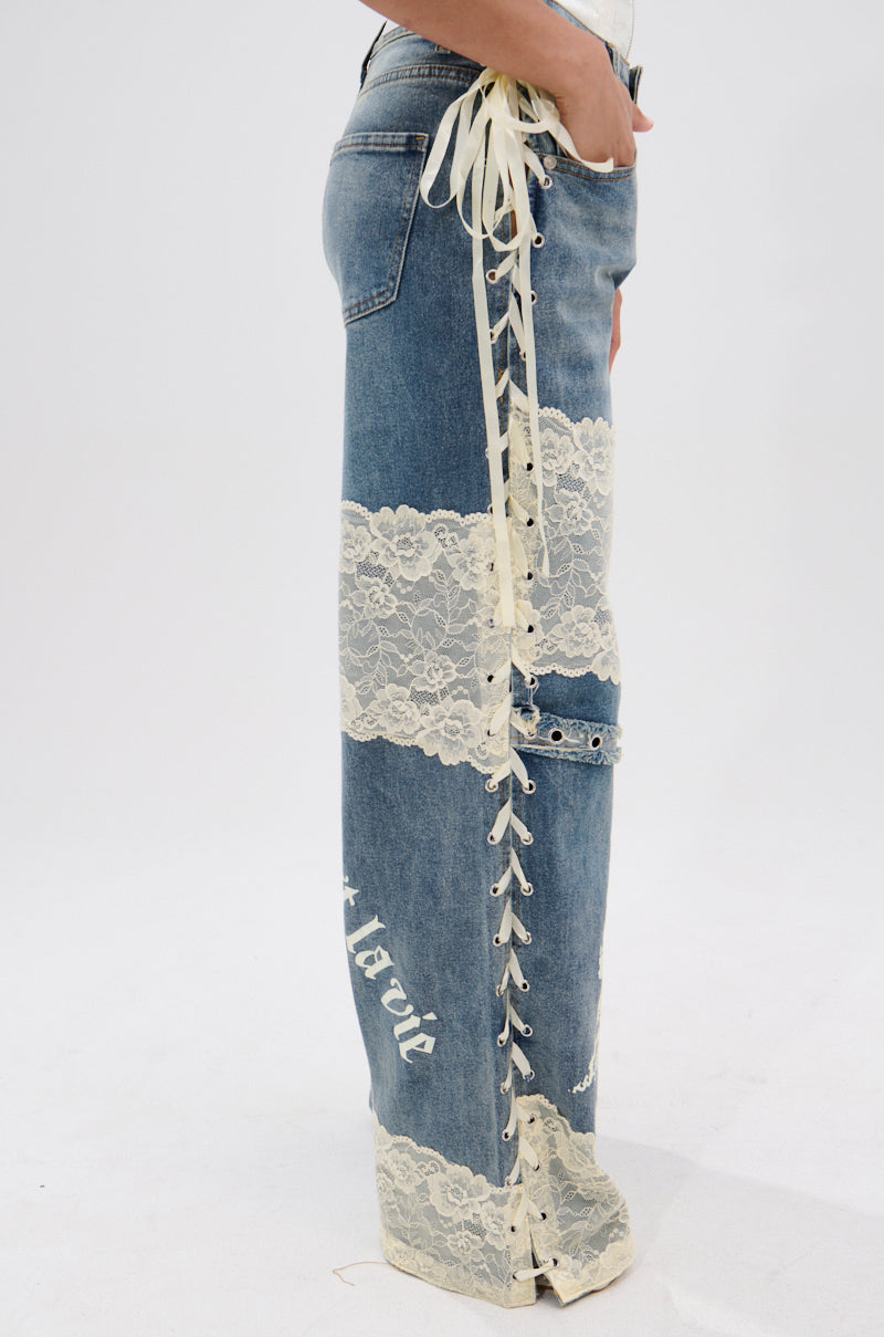 FEMME FATALE PRINTED AND LACE UP DETAIL DENIM JEANS