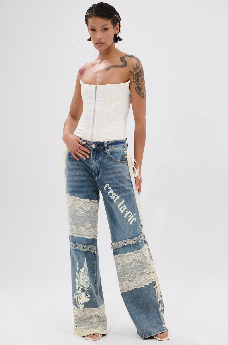 FEMME FATALE PRINTED AND LACE UP DETAIL DENIM JEANS