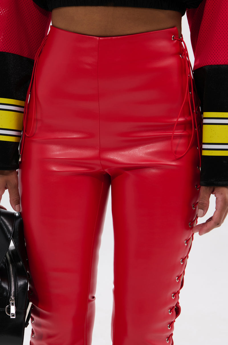 SEXY FAUX LEATHER RED LACE-UP PANTS