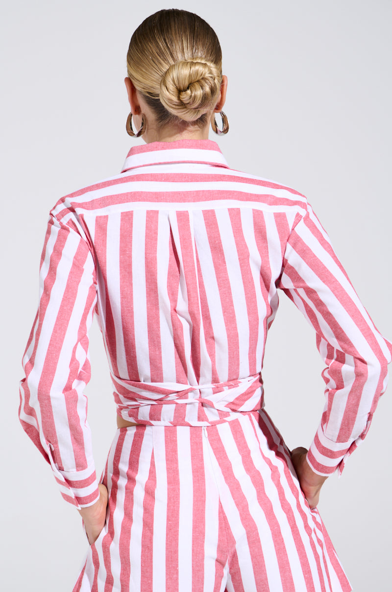 GIRL BYE TIE FRONT STRIPE BLOUSE
