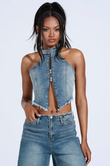 BREAK UP WITH HIM DENIM HALTER TOP