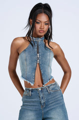 BREAK UP WITH HIM DENIM HALTER TOP