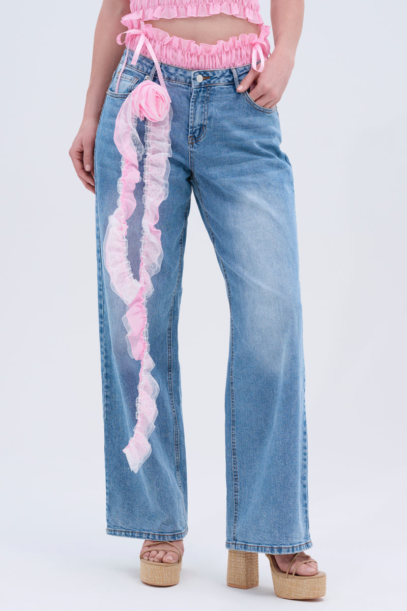 CALL ME RELAXED DENIM PANT WITH RUFFLES