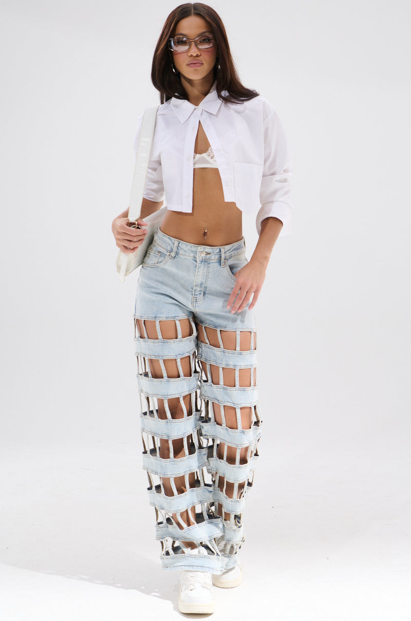 CAGED WIDE LEG DENIM