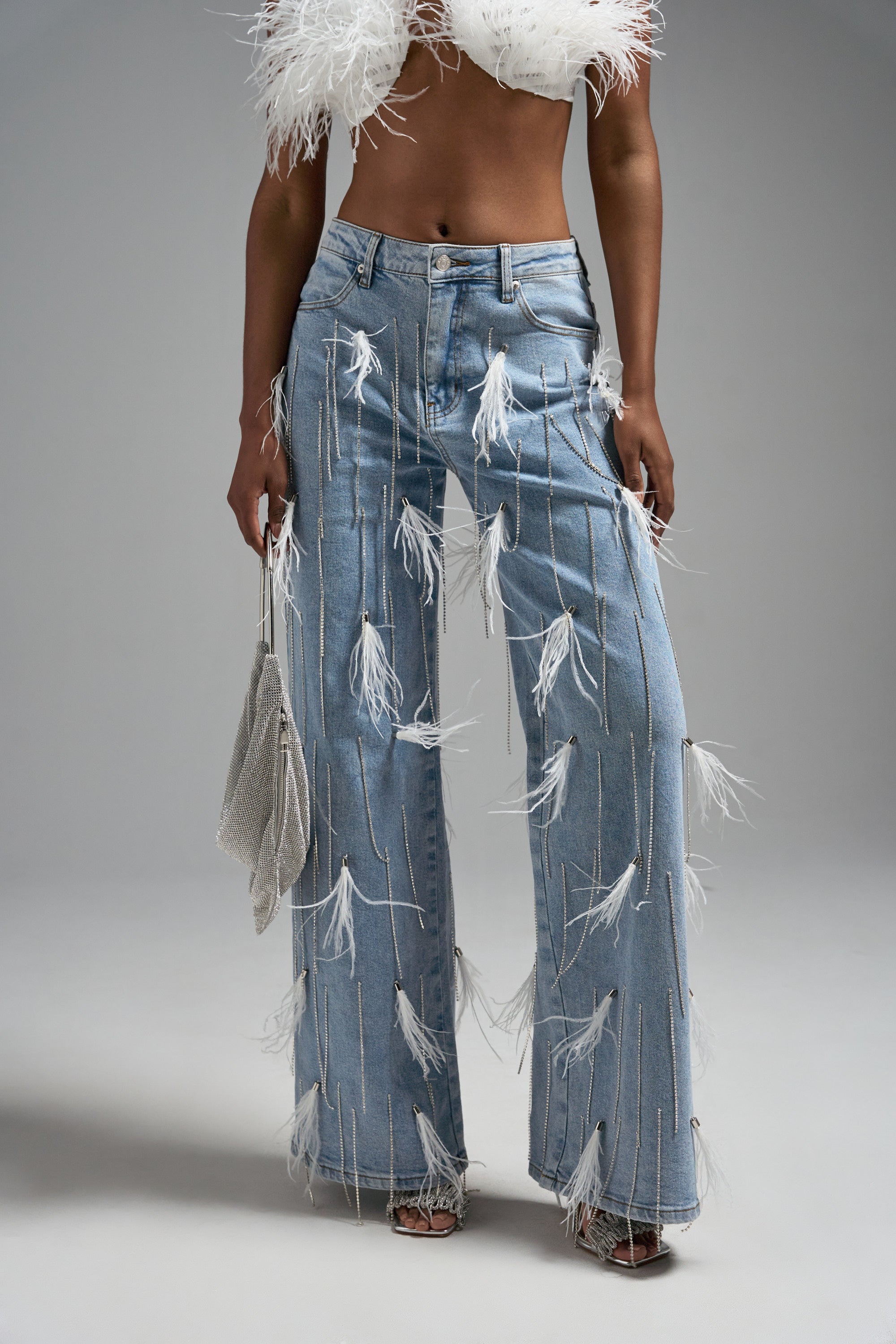 SHAKE IT FOR ME GIRL FEATHER EMBELLISHED DENIM