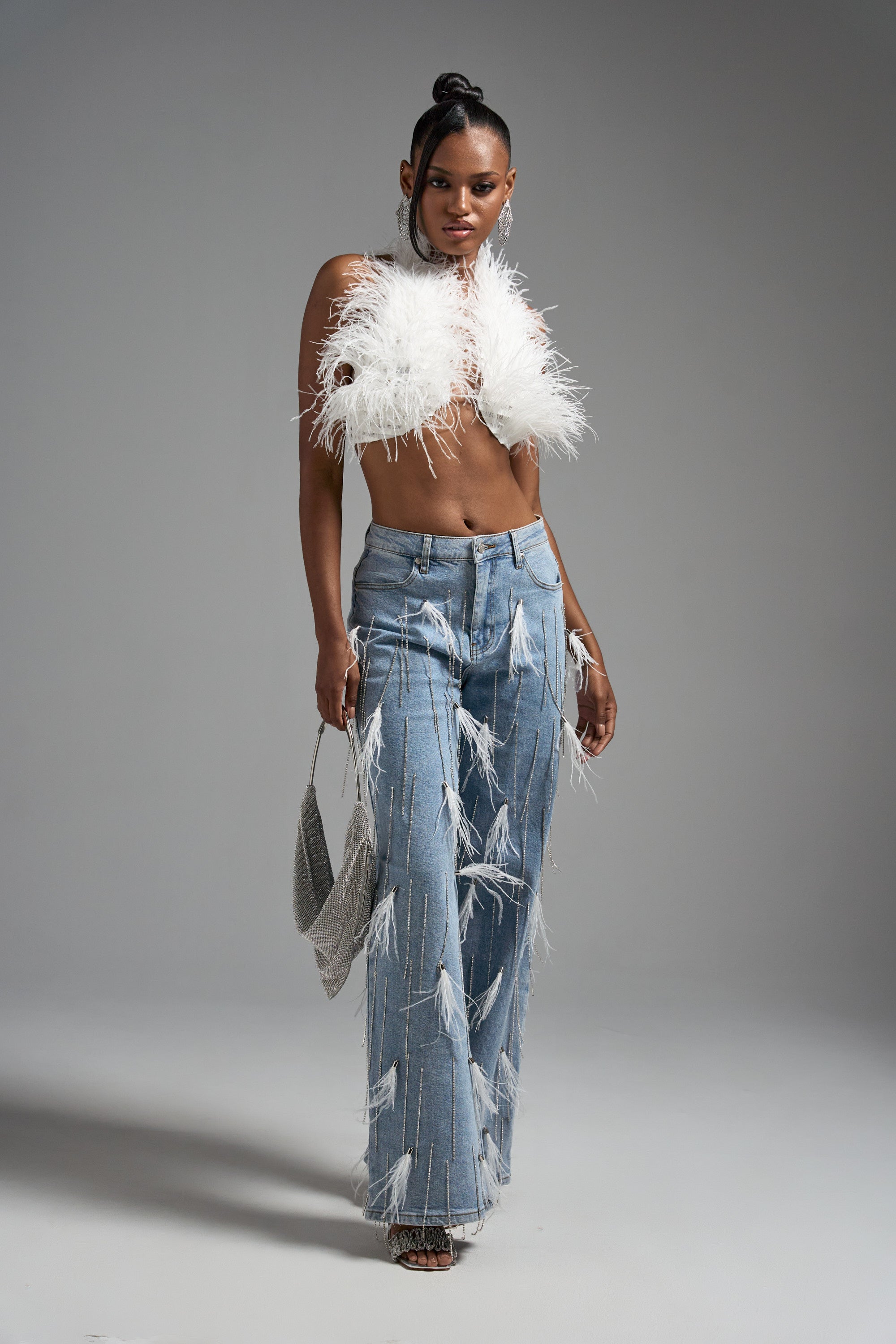 SHAKE IT FOR ME GIRL FEATHER EMBELLISHED DENIM